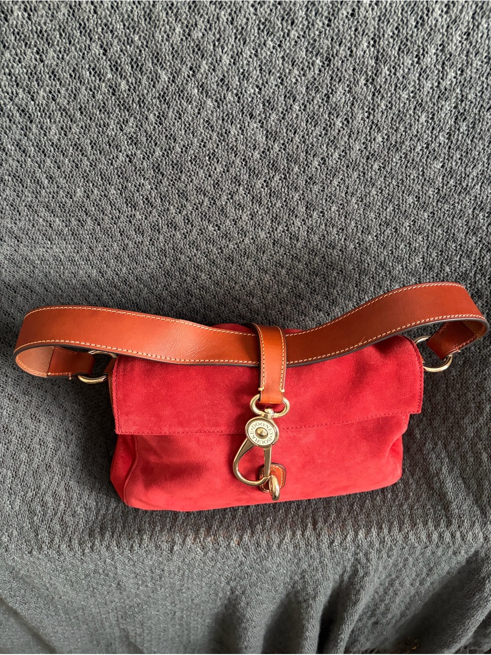 Red Suede Shoulder Bag with Leather Strap